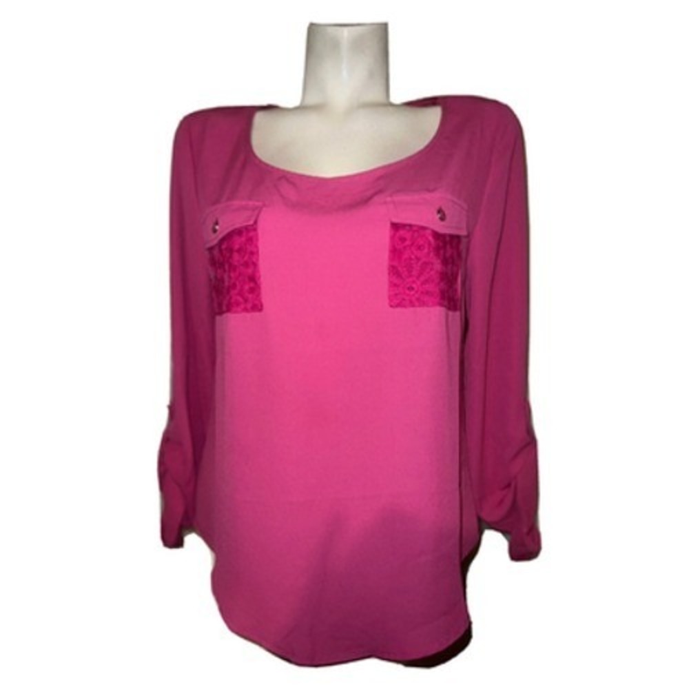Mine Womens Magenta Pink Lace Back Roll Tab Sleeve Blouse Top Size L